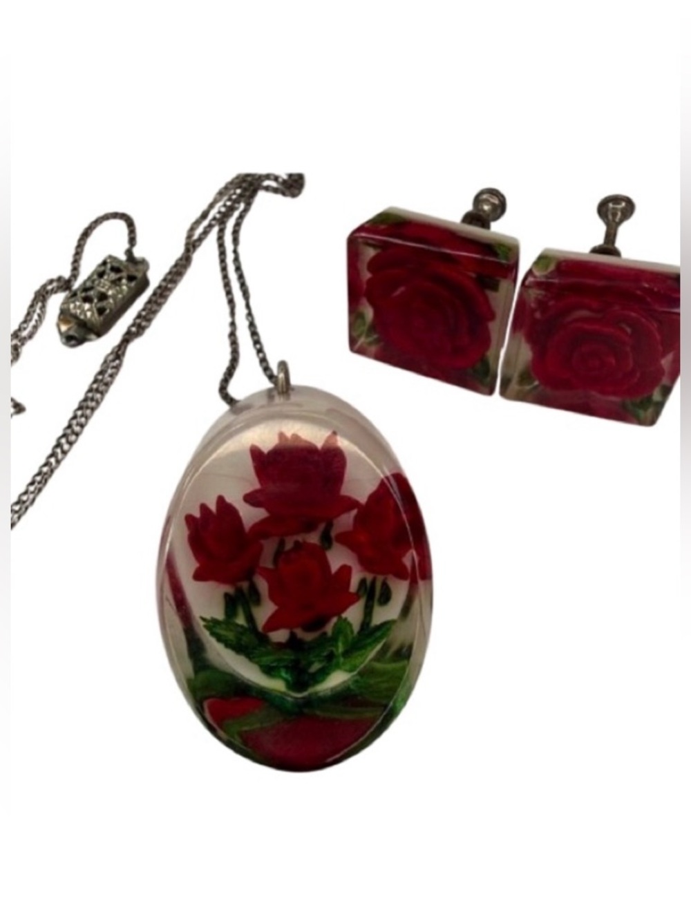 Vintage reverse-carved lucite necklace earrings set. Red rose motif 1940s 1950s.